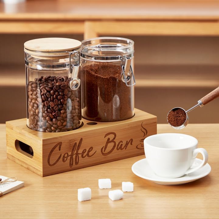 Coffee Canister Set with Shelf, 2 x 50oz Coffee Bean Canister Storage Station Organizer with Airtight Lid for Kitchen, Food Storage with Scoop for Ground, Sugar, Cereal and Tea