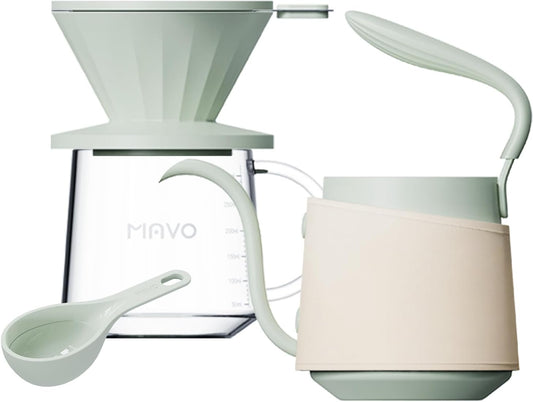 Pour Over Coffee Maker Set, Pour Over Kettle, Coffee Dripper, Glass Coffee Server with Scale, Stainless Steel Filter (Green)