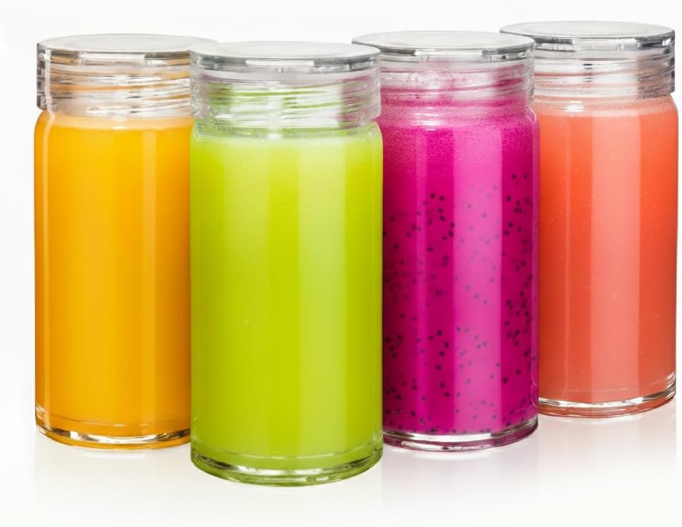 Glass Water Bottles - 4 Pack Wide Mouth Juice Bottles with Clear Lids for Juicing, Smoothies, Fruit Water, Teas, Beverage Storage - 10oz, Leakproof, Reusable, Borosilicate