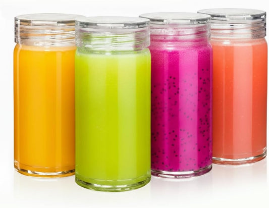 Glass Water Bottles - 4 Pack Wide Mouth Juice Bottles with Clear Lids for Juicing, Smoothies, Fruit Water, Teas, Beverage Storage - 10oz, Leakproof, Reusable, Borosilicate