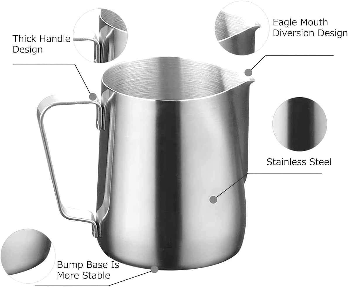 4Pieces Stainless Steel Milk Frothing Pitcher Set, Latte Art Barista Steaming Pitchers Set -Include Milk Frother Cup, Latte Art Pen, Powder Shaker, 5pcs Coffee Decorating Stencils (350ml/11oz)