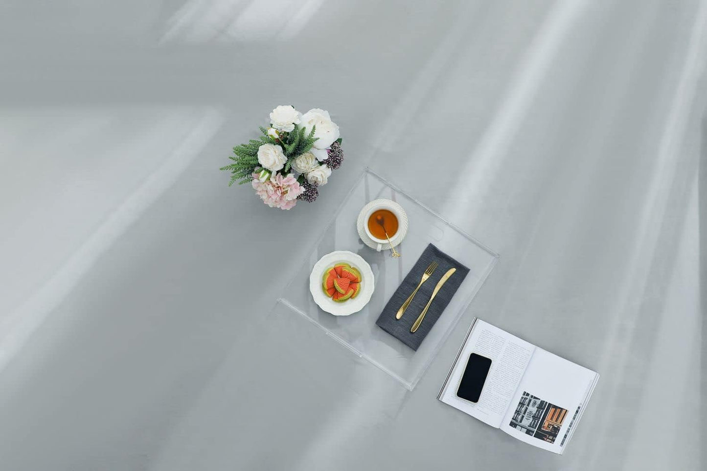 Clear Sturdy Acrylic Serving Tray with Handles-24x24Inch-Serving Coffee,Appetizer,Breakfast,Butler-Kitchen Countertop Tray-Makeup Drawer Organizer-Vanity Table,Ottoman Tray-Decorative Tray