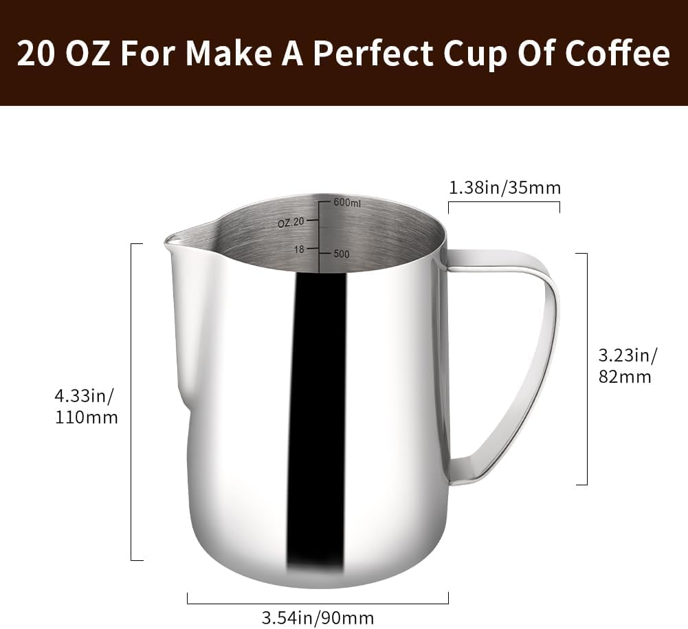 watchget Milk Frothing Pitcher 20oz/600ml Stainless Steel Espresso Steaming Pitcher for Espresso Machines Coffee Frothing Cup Cappuccino Latte Art Milk Jug Cup