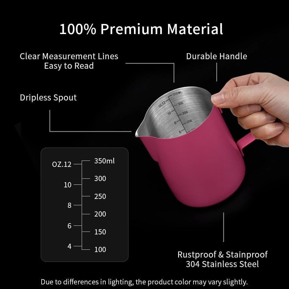watchget Stainless Steel Milk Frothing Pitcher 12oz/350ml - Espresso Steaming Pitcher for Cappuccino, Latte Art, Coffee Machine Accessories Milk Jug Coffee Frother Cup, Rose Red
