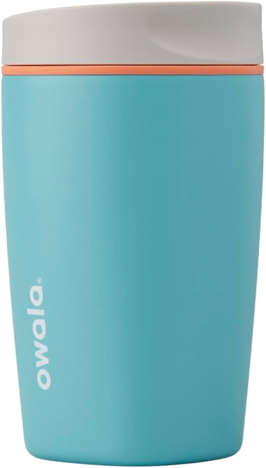 Owala SmoothSip Slider Insulated Stainless Steel Coffee Tumbler, Reusable Iced Coffee Cup, Hot Coffee Travel Mug, BPA Free 12 oz, Grey/Blue (Beachy Breeze)