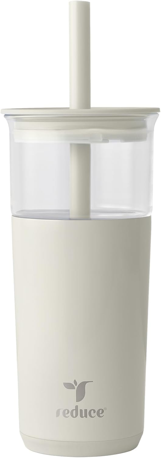 REDUCE Aspen 20 oz Vacuum Insulated Glass Tumbler with Lid & Extra Wide Straw - Keeps Drinks Cold for 12 Hrs - Ideal for Iced Coffee, Smoothies & Boba - Dishwasher Safe, Soft Base - Unbleached