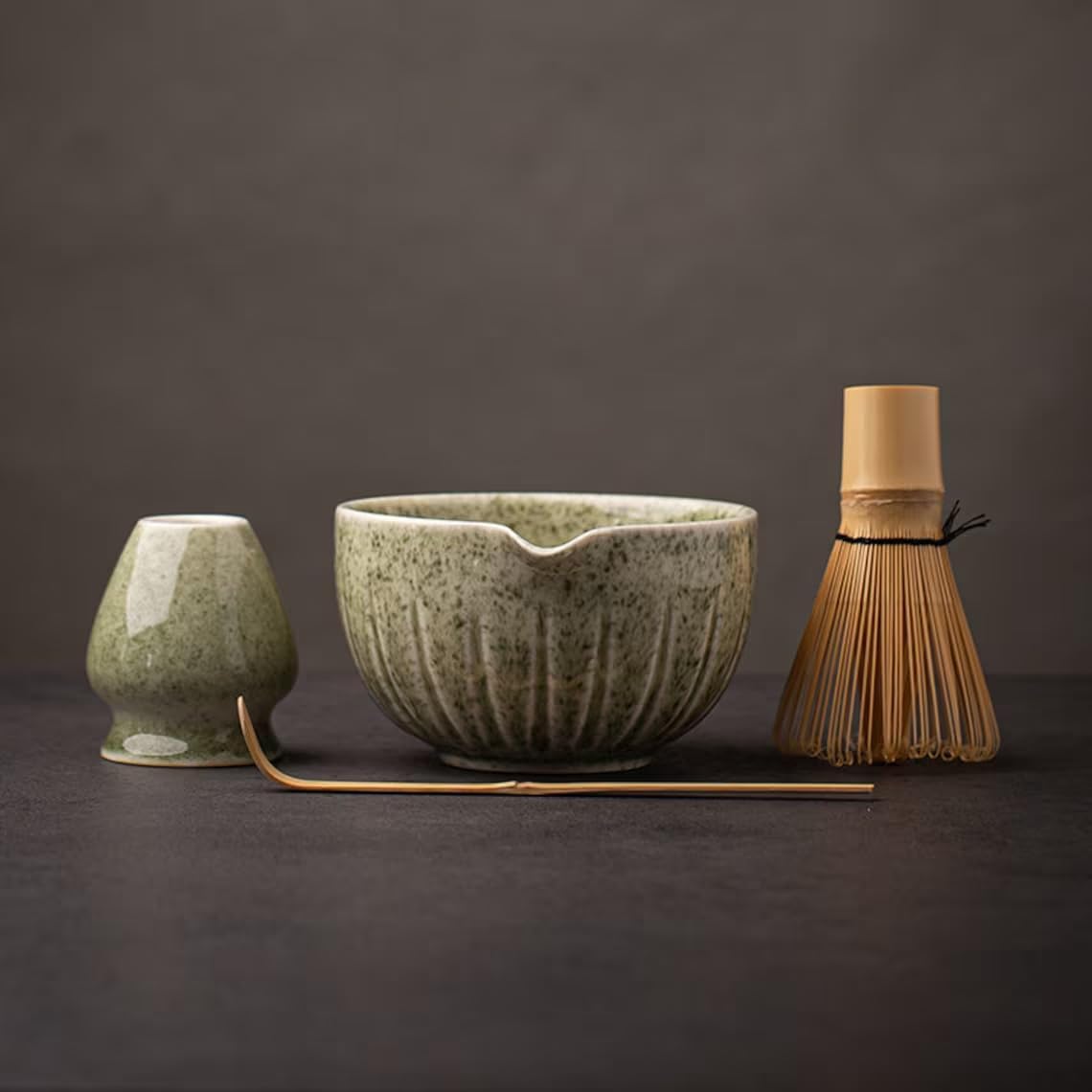 TANG PIN Matcha Set - Match Bowl with Spout and Whisk, 15 OZ, Matcha Scoop | Matcha Whisk Stand (Chasen Holder) - 4pc Perfect Matcha Kit for Matcha Tea Ceremony (Mottled Green)