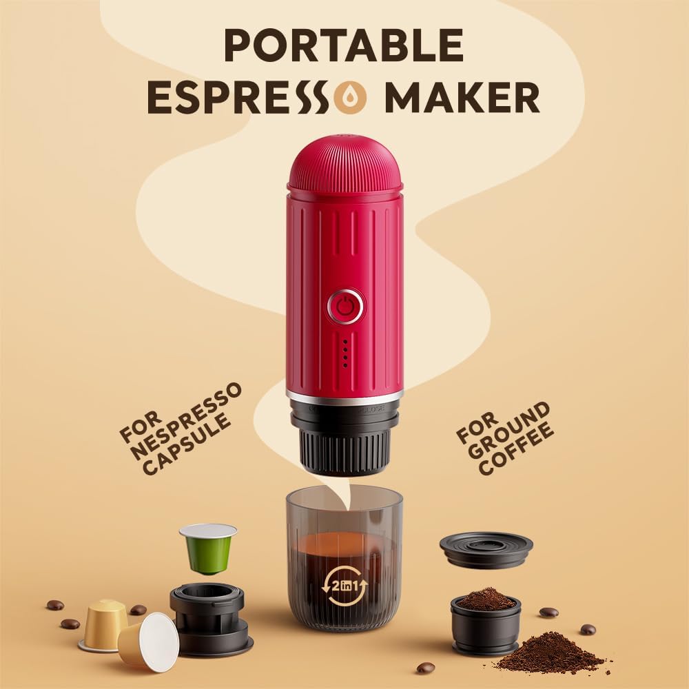 BENFUCHEN Portable Electric Espresso Machine, Travel Coffee Maker for Camping, On the Go Car Coffee Maker Self-Heating with USB-C, With Ground Coffee & N Espresso Capsule for RV/Hiking/Office, Red