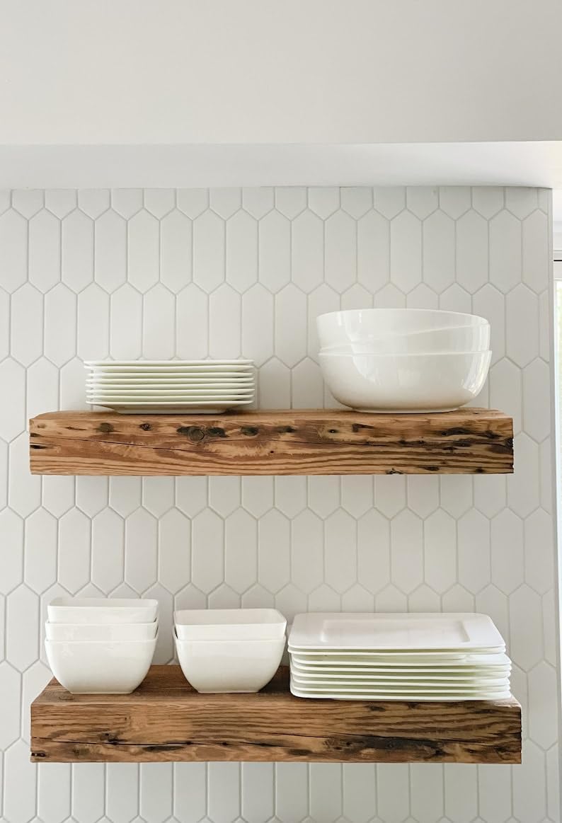 Modern Timber Craft Reclaimed Wood Fireplace Mantel Shelf | Solid Rustic American Barnwood with Floating Shelf Brackets | 2.75" Thickness | 66" L x 7" D, Rustic Original - Unfinished