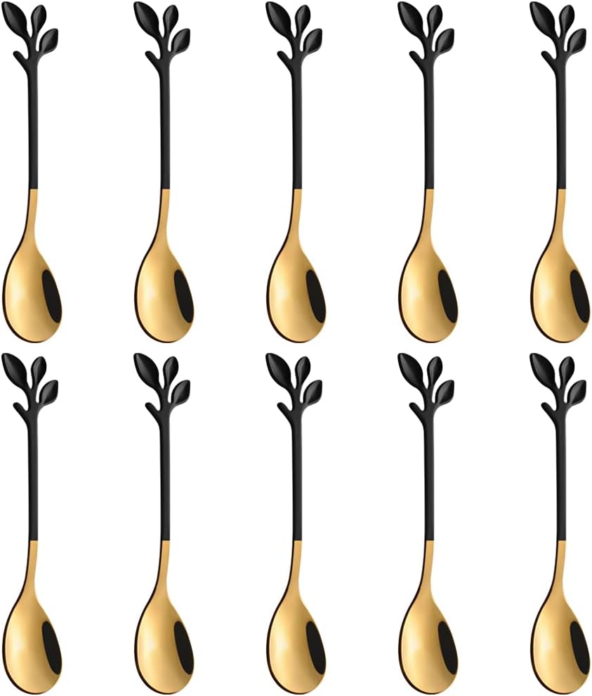 AnSaw Small Coffee Spoon Holder Set,Black Swan Base With 10 Pcs Black & Gold Demitasse Espresso Spoons Set,4.7" Mini Leaf Dessert Spoon,Stainless Steel Tea Spoons