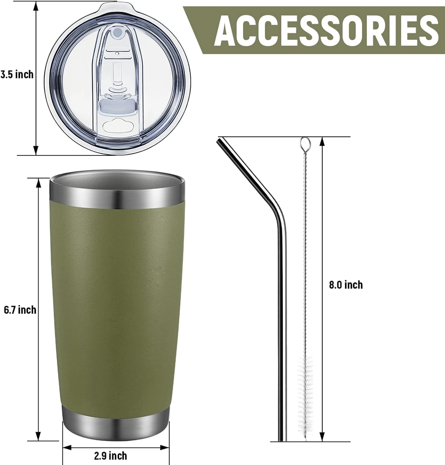 COMOOO 20oz Double Wall Vacuum Insulated Travel Mug, Stainless Steel Tumbler with Lid and Straw Durable Powder Coated Insulated Coffee Cup for Cold & Hot Drinks（Army Green, 6 Pack）