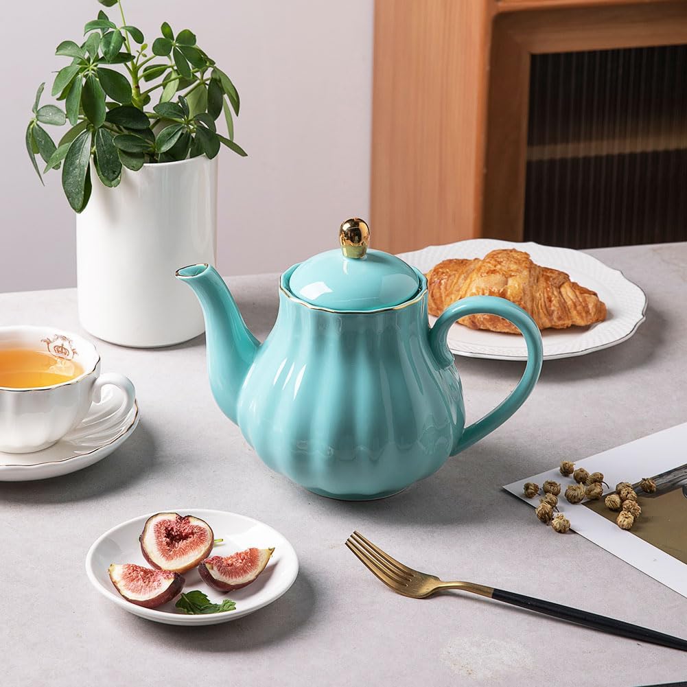 Sweejar Royal Teapot, Ceramic Tea Pot with Removable Stainless Steel Infuser, Blooming & Loose Leaf Teapot - 40 Ounce (Turquoise)
