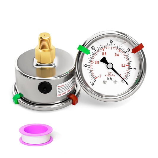 '-30inHG-0PSI Stainless Steel Liquid Filled Pressure Gauge, 2.5" Dial Size, 1/8" NPT Back Mount, for Tube, Water Pump, Gas, Liquid, Pressure Test (with Range Mark Pointer)