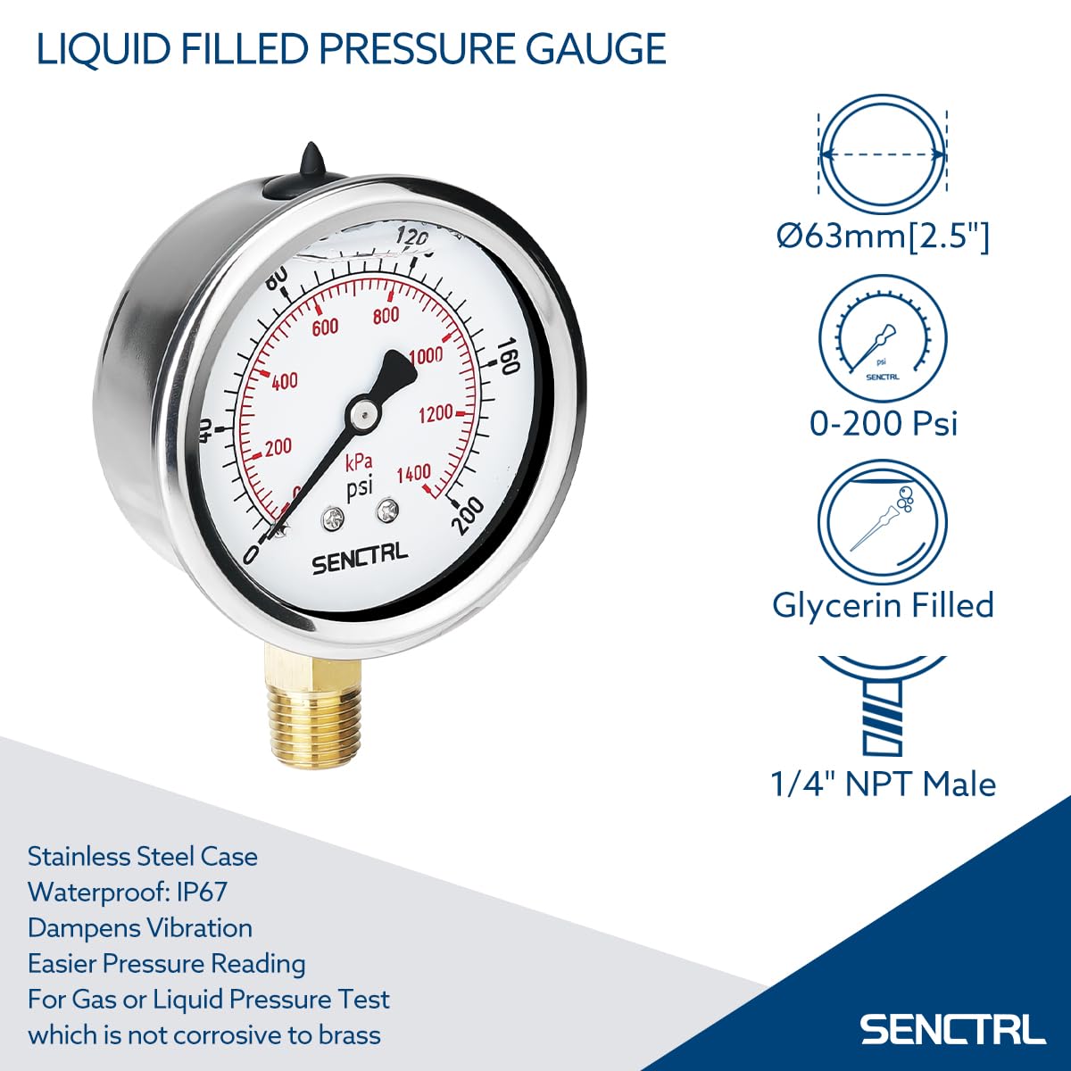 SENCTRL 0-200 Psi Glycerin Liquid Filled Pressure Gauge, 2.5" Dial Size, 1/4" NPT Lower Mount, Stainless Steel Case, for Water Oil Pressure Test in Pipe Pool Pump Sand Filter Air Compressor