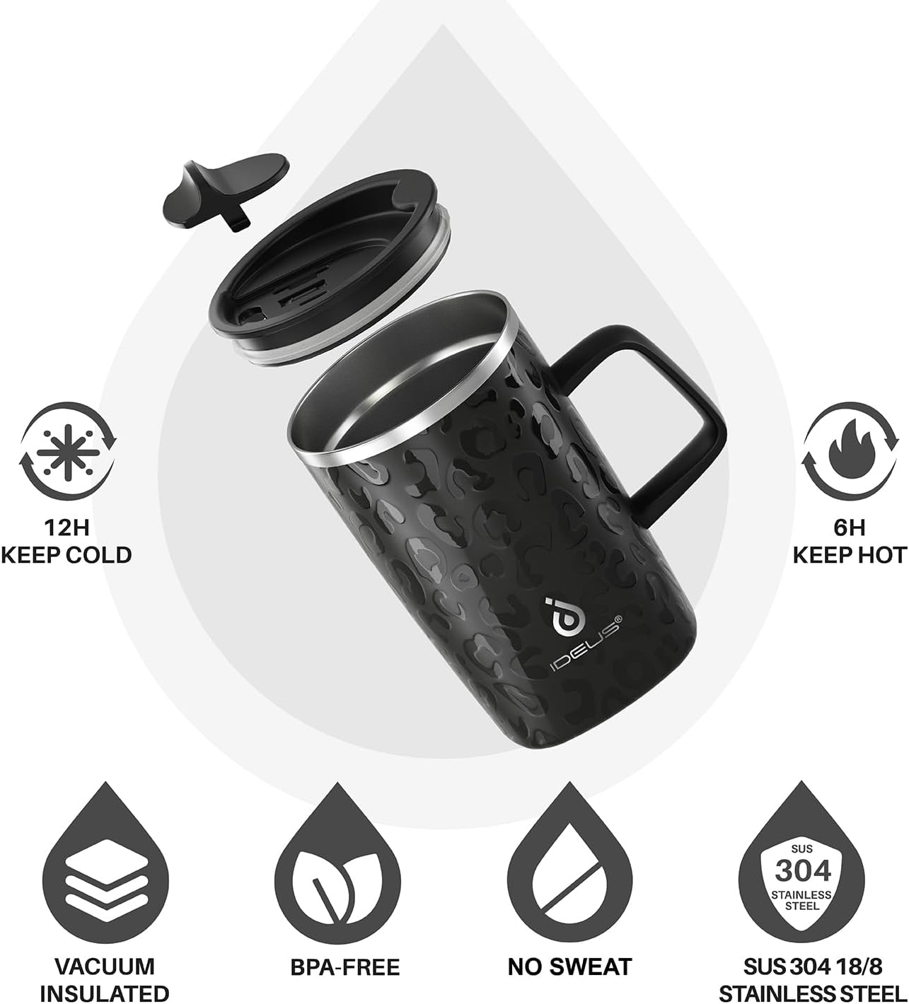 Ideus Vacuum Insulated Coffee Mug, 16oz Reusable Stainless Steel Thermal Double Walled cup with Handle and Slider Lid for Hot & Cold Beverages, BPA Free (Leapord Black)
