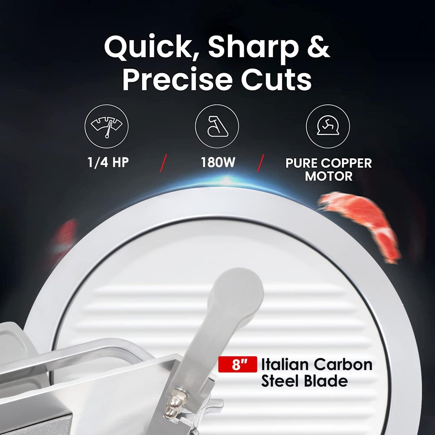Toogood 8" Commercial Slicer, 1/4 HP Electric Meat Slicer, Italian Carbon Steel Blade, Quiet Performance, Semi-frozen Meat/Cheese/Food Slicer, 0.5mm to 15mm Adjustable Slicing Thickness