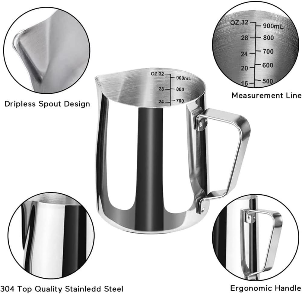 Milk Frothing Jug, Milk Frothing Pitcher Pouring Jug Espresso Cup with Measurement Inside 32oz/900ml Stainless Steel Creamer Cup for Making Coffee Cappuccino Hot Chocolate Machine