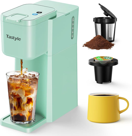 Mini Hot and Iced Coffee Maker Single Serve, for K Cup and Ground, 6 to 14 Oz Brew Sizes, with Recipe Book, for Home, Travel, RV, Office and Dorm, Mint