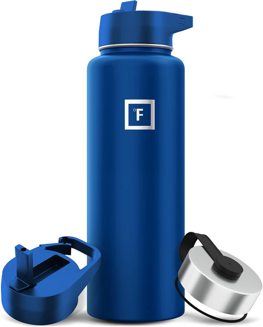 IRON °FLASK Camping & Hiking Hydration Flask with 3 Lids - Stainless Steel, Double Walled & Vacuum Insulated Water Bottle - Leak Proof & BPA Free (Cobalt, Straw - 40 oz)