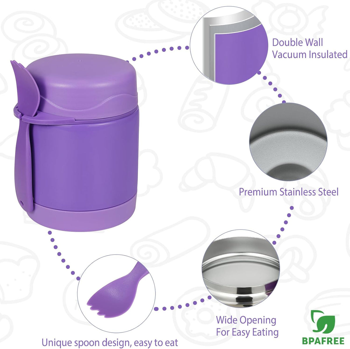 10oz Soup Thermo for Hot Food Kids,Lunch Thermo Kids Food Jar with Spoon Hot Insulated Food Containers,Leak Proof Stainless Steel Wide Mouth Lunch Food Thermo Jar for School(Purple)