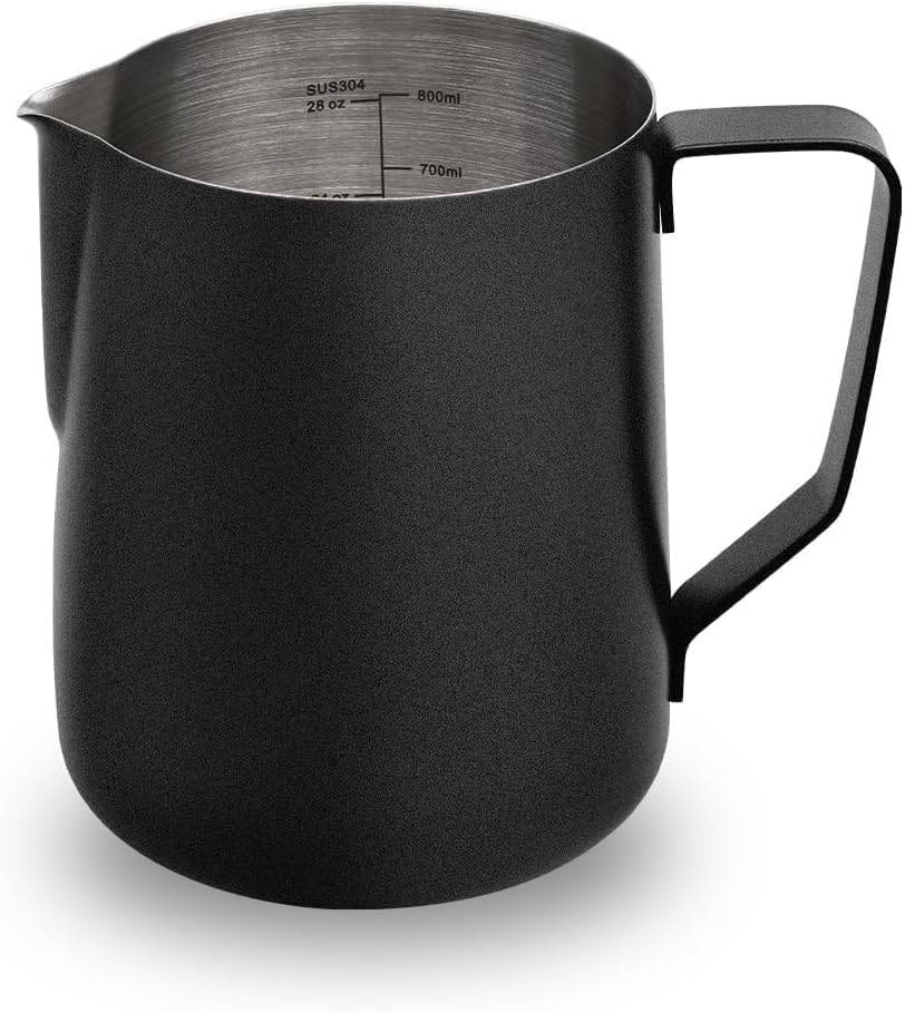 watchget Milk Frothing Pitcher 32oz/900ml - Stainless Steel Frothing Pitcher Espresso Steaming Pitcher Coffee Frother Cup Cappuccino Latte Art Coffee Machine Accessories Milk Jug, Black