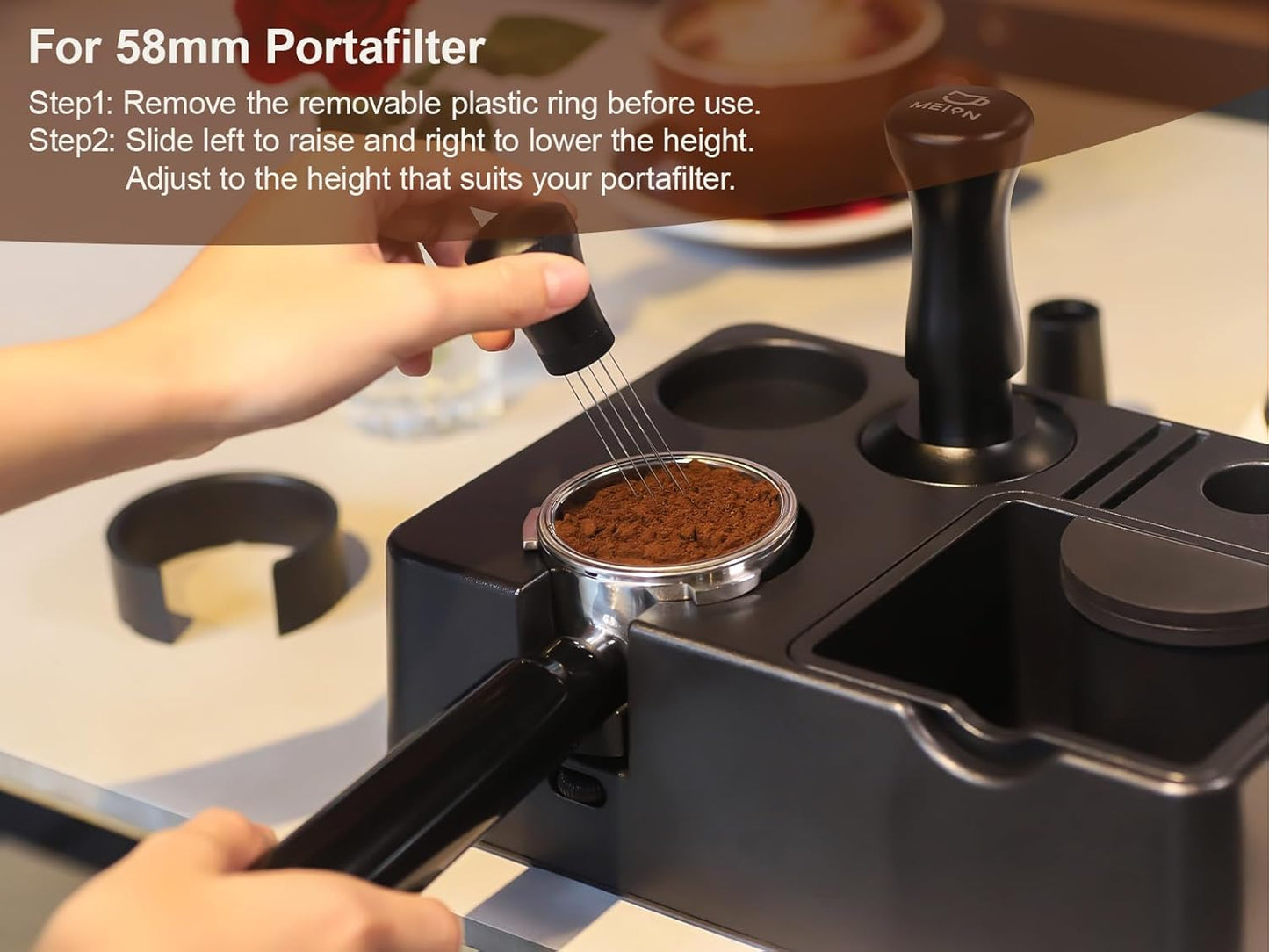 MEION Espresso Tamping Station, Detachable Espresso Knock Box and Tamp Station, 10 in 1 Espresso Organizer Fits 51, 54, 58MM Espresso Tamper, Portafilter, Distributor Puck Screen Espresso Accessories