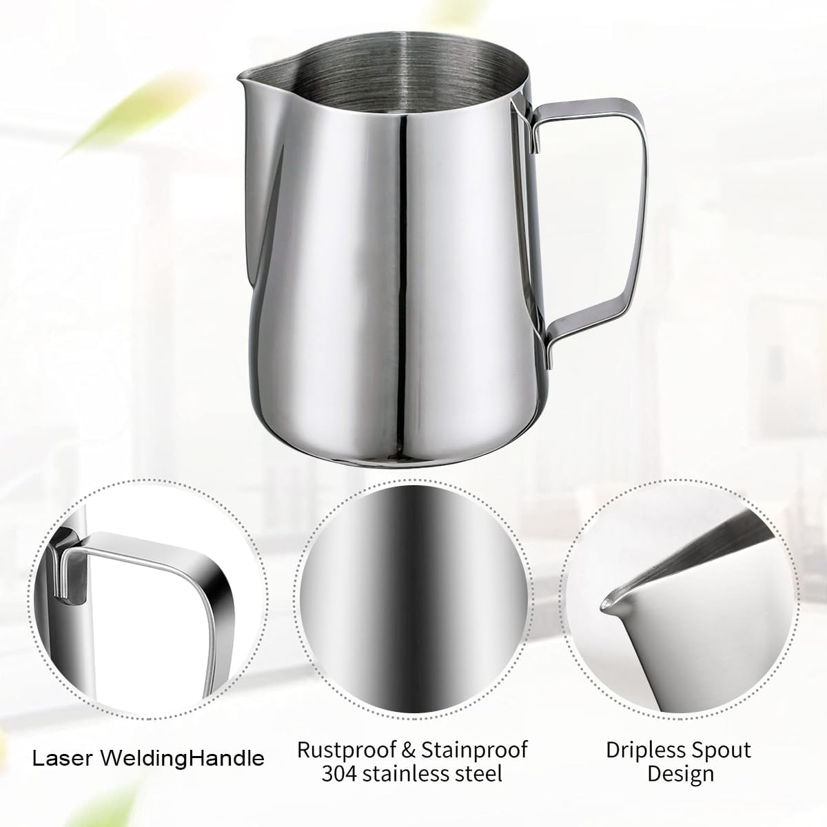 4Pieces Stainless Steel Milk Frothing Pitcher Set, Latte Art Barista Steaming Pitchers Set -Include Milk Frother Cup, Latte Art Pen, Powder Shaker, 5pcs Coffee Decorating Stencils (600ml/20oz)