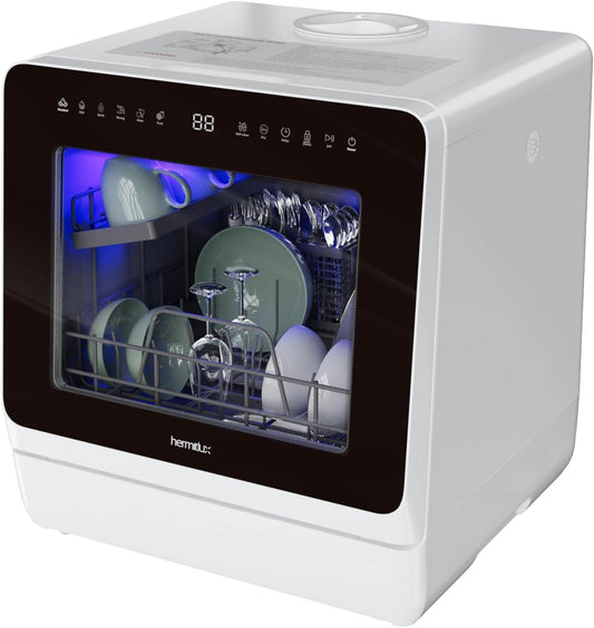 Hermitlux Countertop Dishwasher, 7 Washing Programs Portable Mini Dishwasher with 5-Liter Built-in Water Tank for Apartments & RVs, LED Light, Glass Door, No Hookup Needed