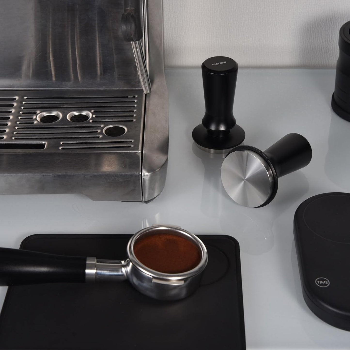 53.3mm Espresso Hand Tamper, MATOW Calibrated Spring Loaded Coffee Tamper with Stainless Steel Flat Base, 30lbs Espresso Tamper with Anodized Aluminum Handle Compatible with Breville 54mm Portafilter