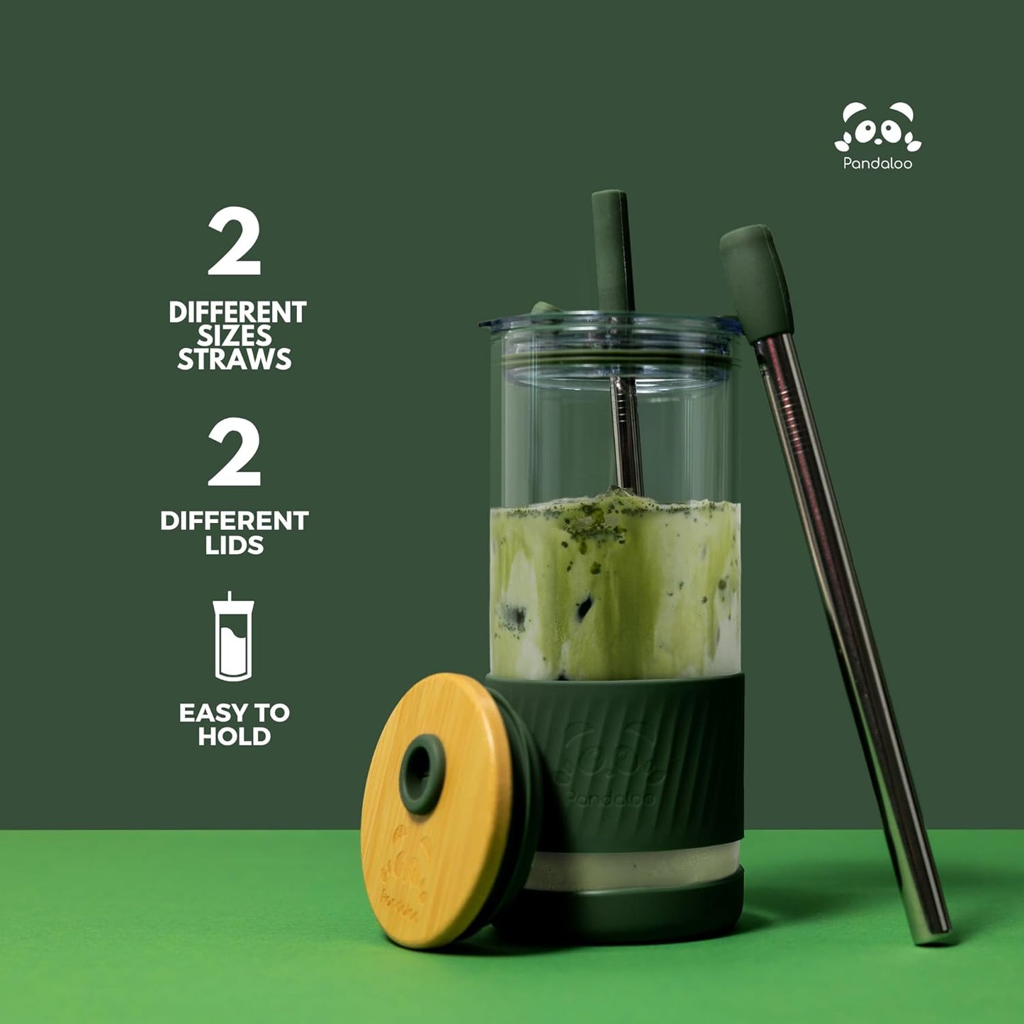 Pandaloo® Glass Cups With Lids and Straws -20 Fl Oz- Perfect Size Iced Coffee Cup - Smoothie Cup With Bamboo Lid and On the go Lid - Glass Tumbler With Straw (1 Count (Pack of 1), Boysenberry)