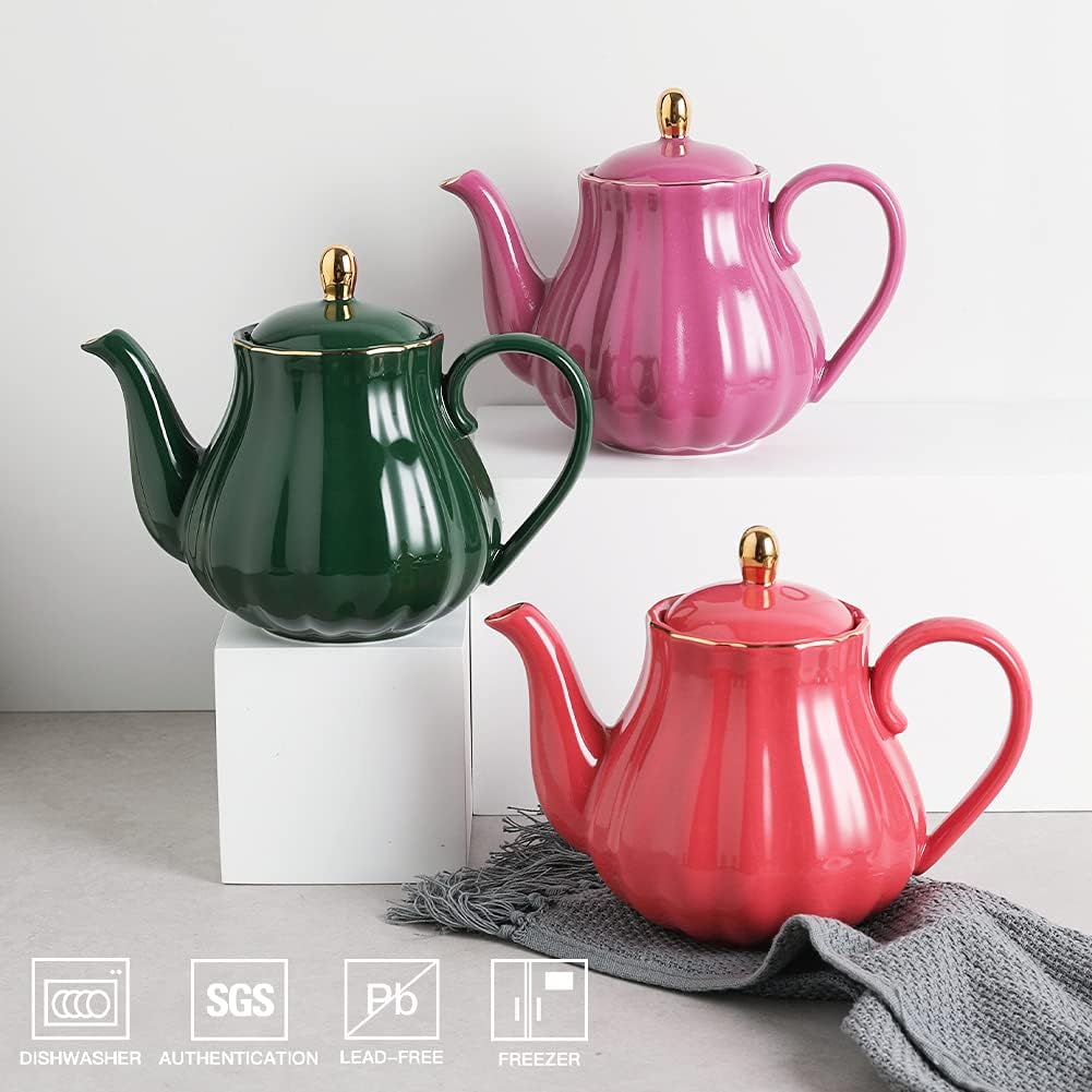 Sweejar Royal Teapot, Ceramic Tea Pot with Removable Stainless Steel Infuser, Blooming & Loose Leaf Teapot - 28 Ounce(Red)