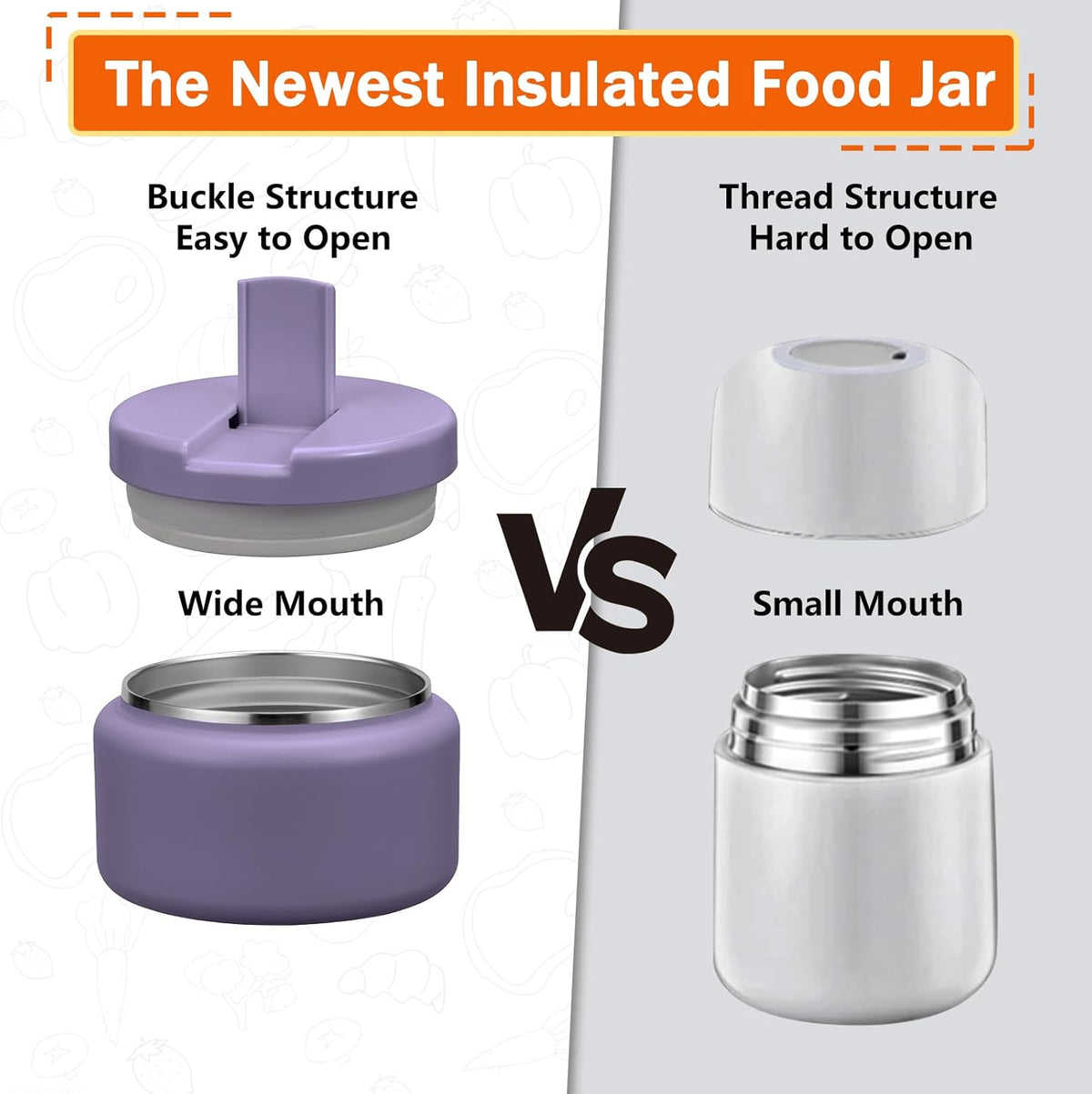 13.5oz Kids Thermos for Hot Food, Insulated Vacuum Food Jar with Buckle Lid, Stainless Steel Wide Mouth Leak Proof Insulated Lunch Container for School Picnic Travel,Purple