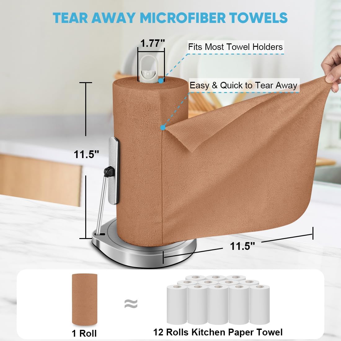 AIDEA Microfiber Cleaning Cloth Roll, 75PK, Reusable Paper Towels Tear Away Cloth, Microfiber Towels Washable Shop Rags, Lint Free Cleaning Rags for House, Kitchen, Window, 11.5"×11.5", Coffee
