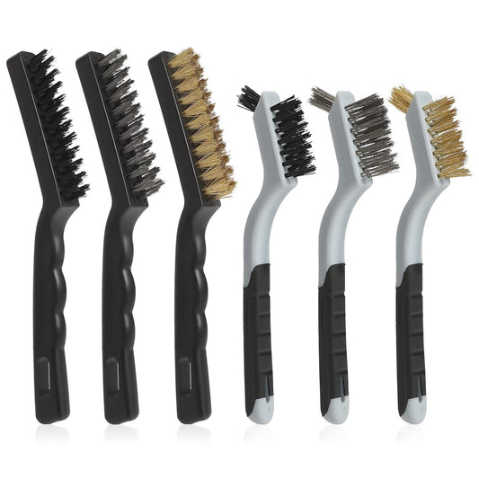 Wire Brushes Cleaning Set 6Pc, 9" and 7", Wire Brushes for Cleaning Welding Slag, Rust and Dust. Includes Brass, Nylon, Stainless Steel Brushes with Strong Handle