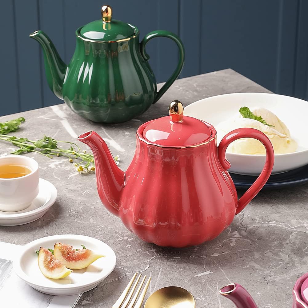 Sweejar Royal Teapot, Ceramic Tea Pot with Removable Stainless Steel Infuser, Blooming & Loose Leaf Teapot - 28 Ounce(Red)