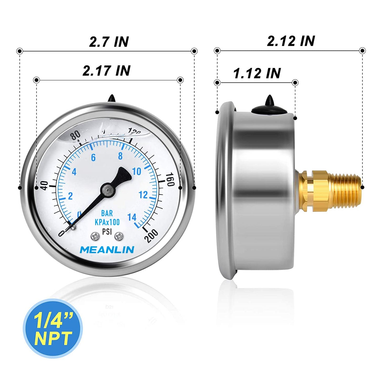 MEANLIN MEASURE 0~200Psi Stainless Steel 1/4" NPT 2.5" FACE DIAL Liquid Filled Pressure Gauge WOG Water Oil Air Center Back Mount, with 1/2" NPT and 3/8" NPT Hex Bushing