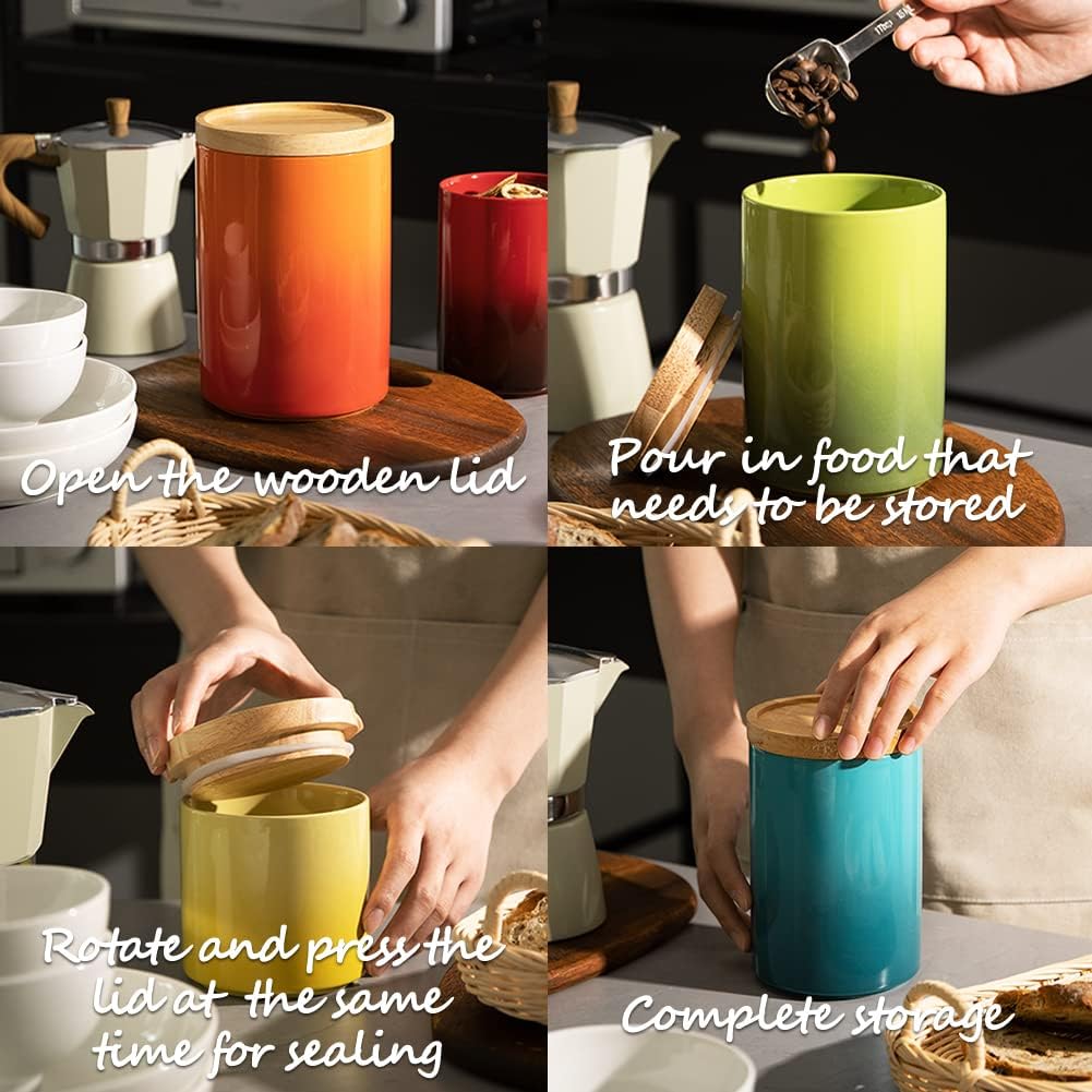 Sweejar Ceramic Food Storage Jar, Stackable Kitchen Canisters, Containers with Airtight Seal Wooden Lid for Serving Coffee Bean, Flour, Tea, Cookies, Spice and More - 58 Fl Oz (Gradient Red)