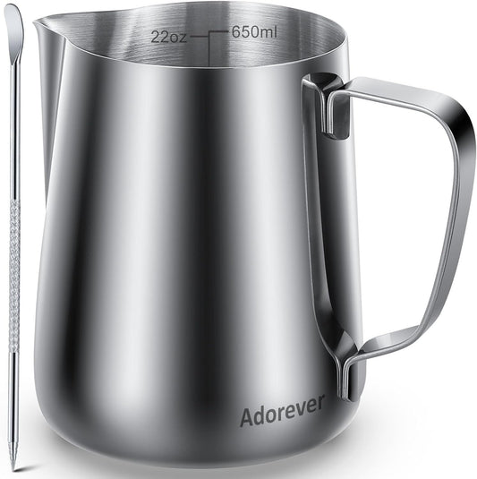 Milk Frothing Pitcher, 22oz 650ml Milk Frother Cup Stainless Steel Steaming Pitcher, Coffee Bar Cappuccino Espresso Machine Accessories Barista Tools, Metal Steamer Cup Mug Milk Jug with Latte Art Pen