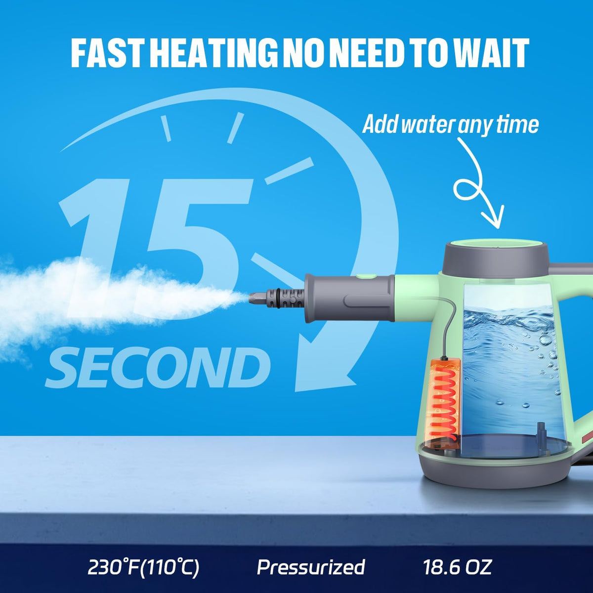 Handheld Pressurized Steam Cleaner - 15s Quick Start, Multi-Functional for Home, Kitchen, Bathroom, 8 Attachments, Chemical-Free, Safe & Efficient Cleaning Solution