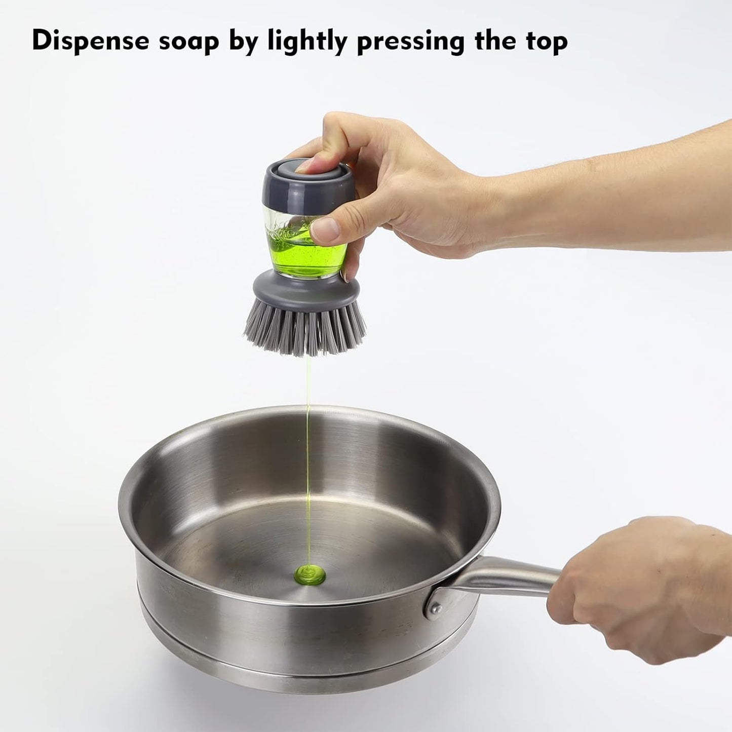 Dish Brush with Soap Dispenser, Kitchen Scrub Brush for Dishes Pots Pans Sink Cleaning, Dish Scrubber with Holder Set (Grey Handle & Nylon Bristles)