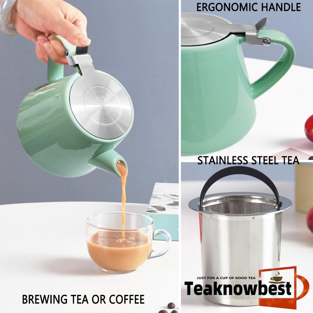 Ceramic teapot, 19oz Tea pot for loose leaf tea, Tea infuser pot with Removable 18/8 Stainless Steel Infuser and teaspoon, Suitable for 1-2 people to brew tea or coffee (azure)