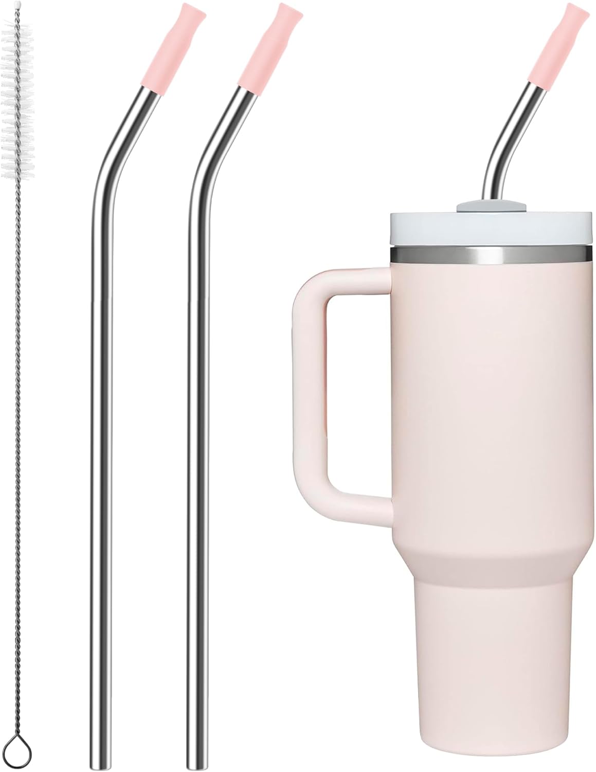 Repeatable Metal Straw with Silicone Tips for 40 oz Stanley Tumbler, 2 Pcs 40 oz Stainless Steel Straws Replacement for Stanley Tumbler, 1 Straw Brush, BPA Free（Light Pink）