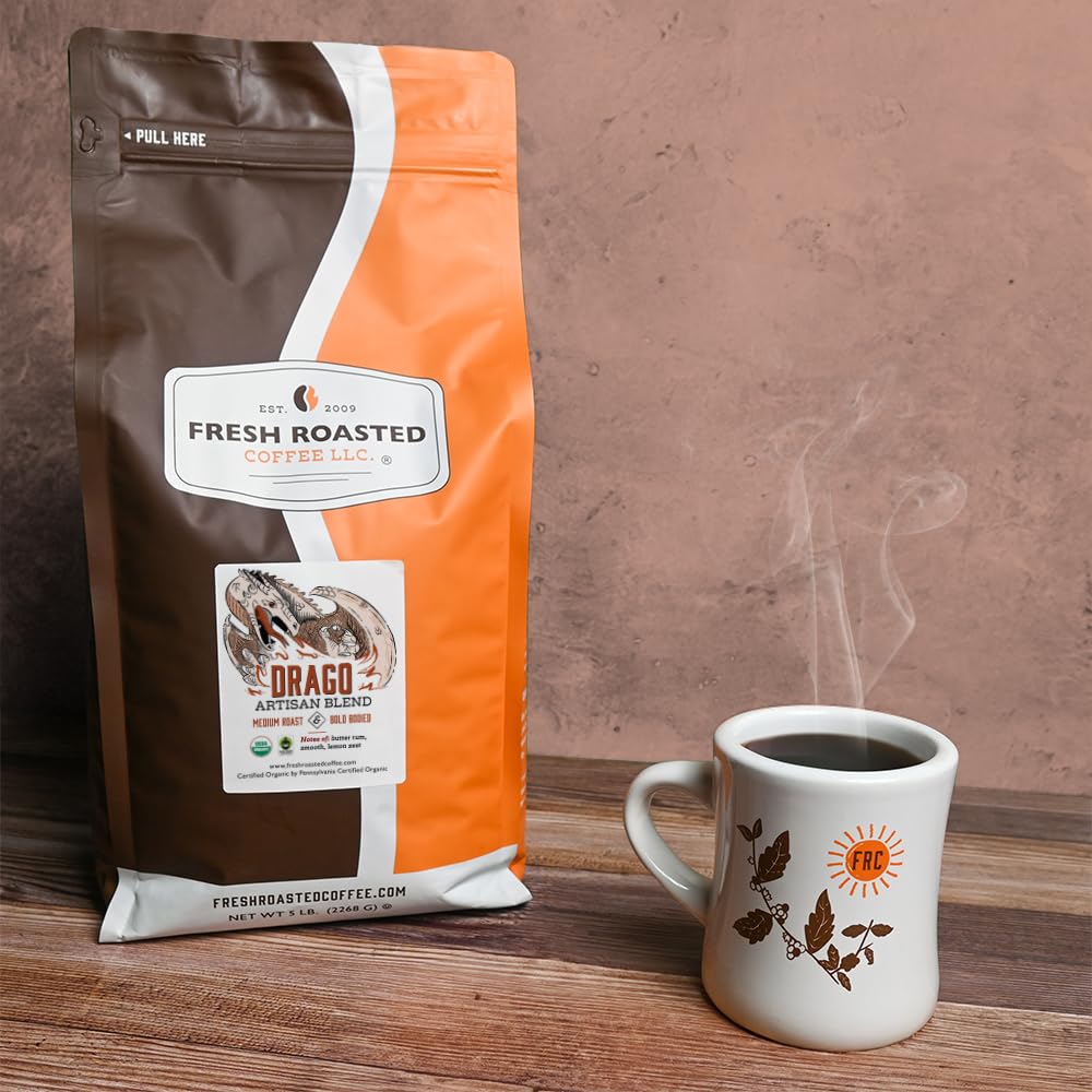 Fresh Roasted Coffee, Organic Drago Café Blend | USDA Organic, Kosher | Medium Roast 5 lb (80 oz) Whole Bean