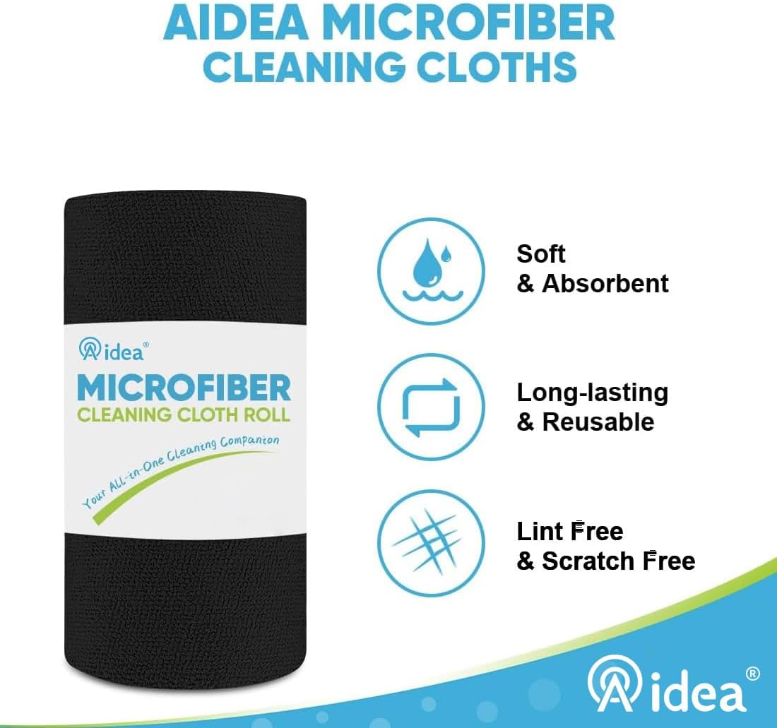 AIDEA Microfiber Cleaning Cloth 330 Sheets 6 Roll, Black Microfiber Towels for Cars, Shop Rags Washable, Cleaning Rags Reusable Paper Towels for Automotive, Mechanic, Workshops, House, 11×9"