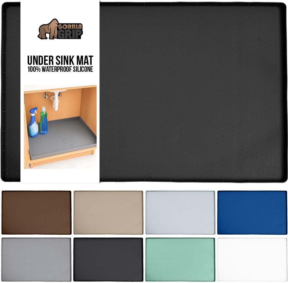 GORILLA GRIP Waterproof Silicone Under Sink Mat with Raised Lip for Kitchen and Bathroom, 31 x 22 in, Cabinet Shelf Liner Stay in Place Mats Dishwasher Safe Drawer Liner, Organizer Tray, Black