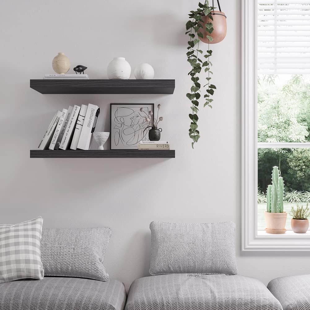 Floating Shelf, Set of 2 Wall Shelf, 36 in W x 12.75 in D x 2 in H Wooden Floating Wall Shelf with Invisible Brackets for Living Room/Bedroom/Bathroom/Kitchen Storage and Decor, Black Wood