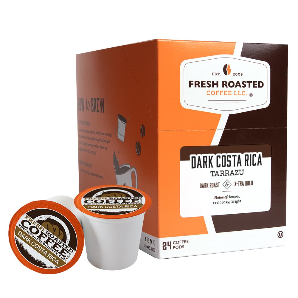 Fresh Roasted Coffee, Dark Costa Rica Tarrazu, Dark Roast, 24 Pods for K Cup Brewers