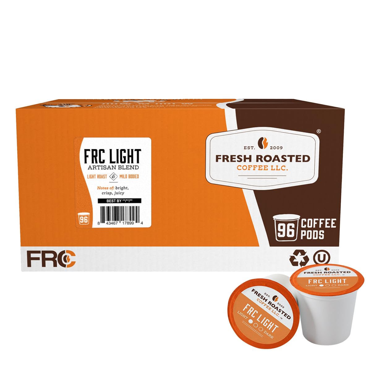 Fresh Roasted Coffee, FRC Light Roast Blend, Artisan Blend, 96 Pods for K Cup Brewers