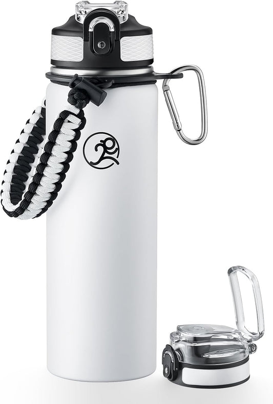 GOSWAG Insulated Sports Water Bottle, 24oz 2 Lids(with Straw/No Straw), Stainless Steel Water Bottles with Paracord Handle, Insulated Bottle with Double-Wall Vacuum Insulation