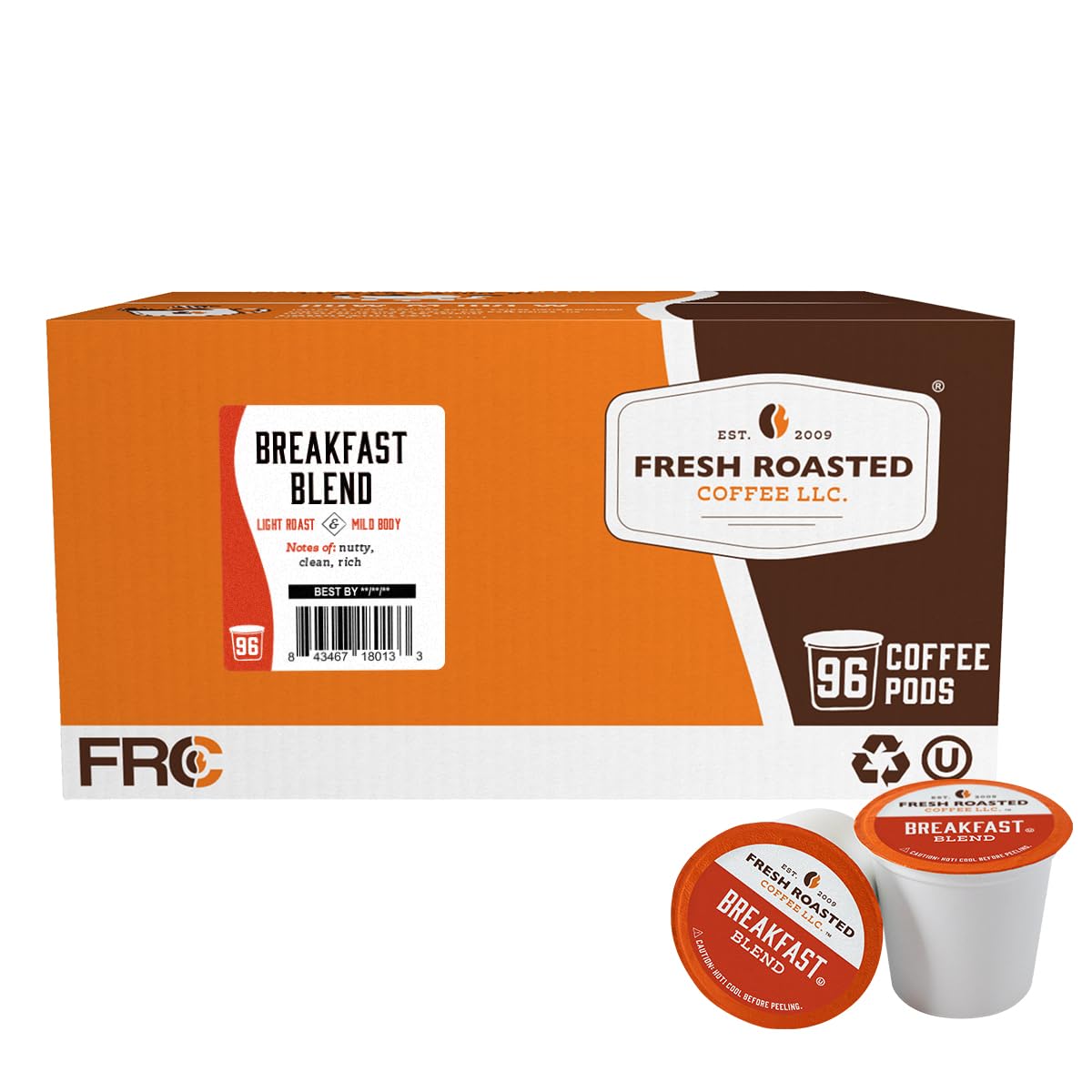 Fresh Roasted Coffee, Breakfast Blend, Light Roast, 96 Pods for K Cup Brewers